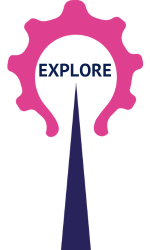 A pink lightbulb cog graphic with the word launch