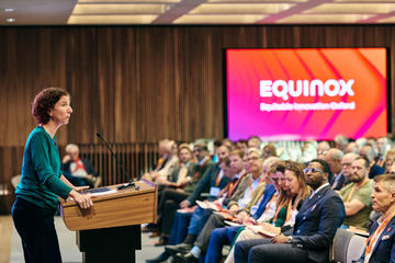 Anneliese Dodds talking to attendees at the Equinox Launch event
