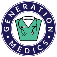Generation Medics logo, a green doctor's shirt with a stethoscope encircled by the company name