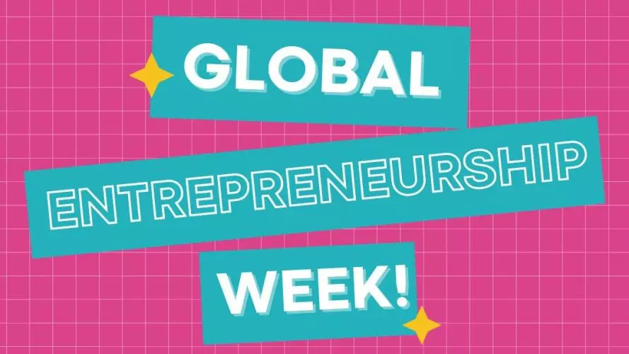 A bright pink and blue global entrepreneurship week graphic with flashing bulb icon
