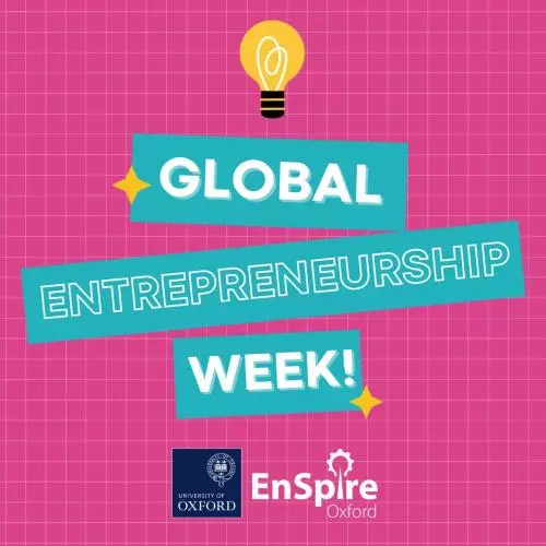 A bright pink and blue global entrepreneurship week graphic with flashing bulb icon